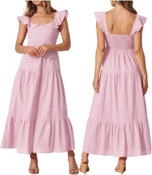 Women's Summer Sleeveless Ruffle Dresses 2024 Square Neck Smocked Backless Boho Flowy Beach A-Line Maxi Sundress