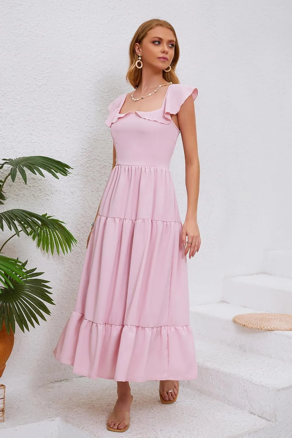Women's Summer Sleeveless Ruffle Dresses 2024 Square Neck Smocked Backless Boho Flowy Beach A-Line Maxi Sundress