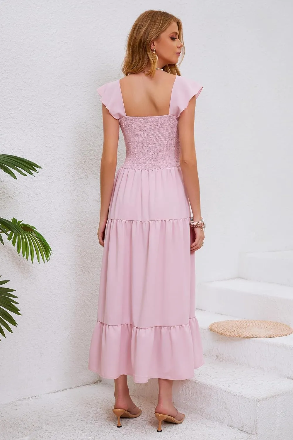 Women's Summer Sleeveless Ruffle Dresses 2024 Square Neck Smocked Backless Boho Flowy Beach A-Line Maxi Sundress