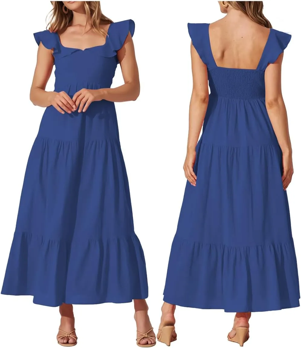 Women's Summer Sleeveless Ruffle Dresses 2024 Square Neck Smocked Backless Boho Flowy Beach A-Line Maxi Sundress