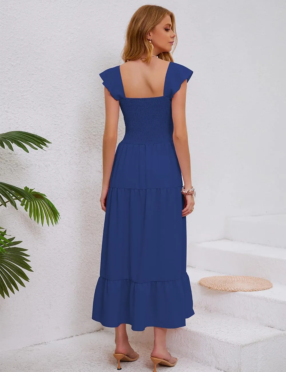 Women's Summer Sleeveless Ruffle Dresses 2024 Square Neck Smocked Backless Boho Flowy Beach A-Line Maxi Sundress