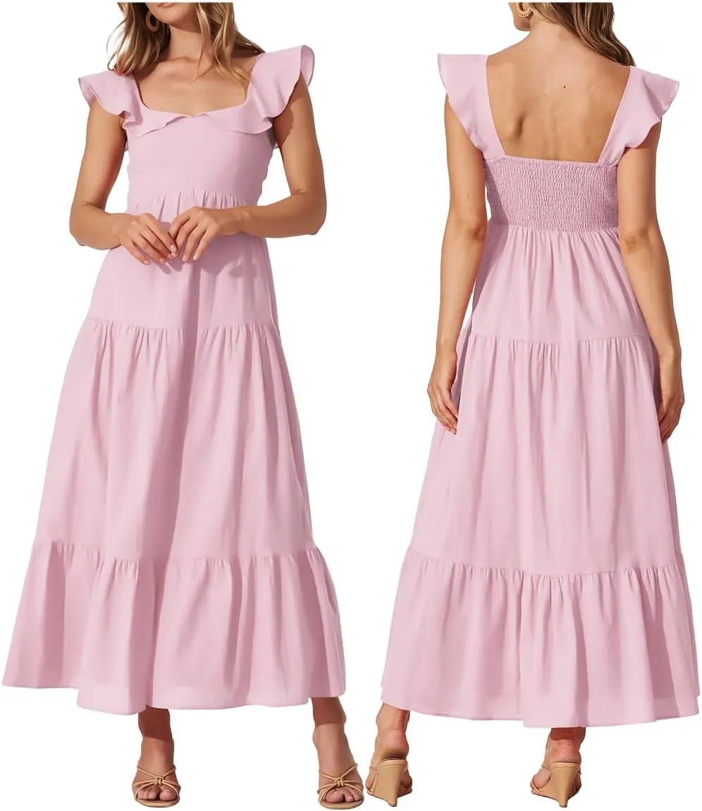 Women's Summer Sleeveless Ruffle Dresses 2024 Square Neck Smocked Backless Boho Flowy Beach A-Line Maxi Sundress