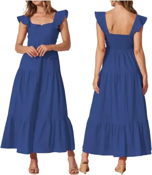 Women's Summer Sleeveless Ruffle Dresses 2024 Square Neck Smocked Backless Boho Flowy Beach A-Line Maxi Sundress