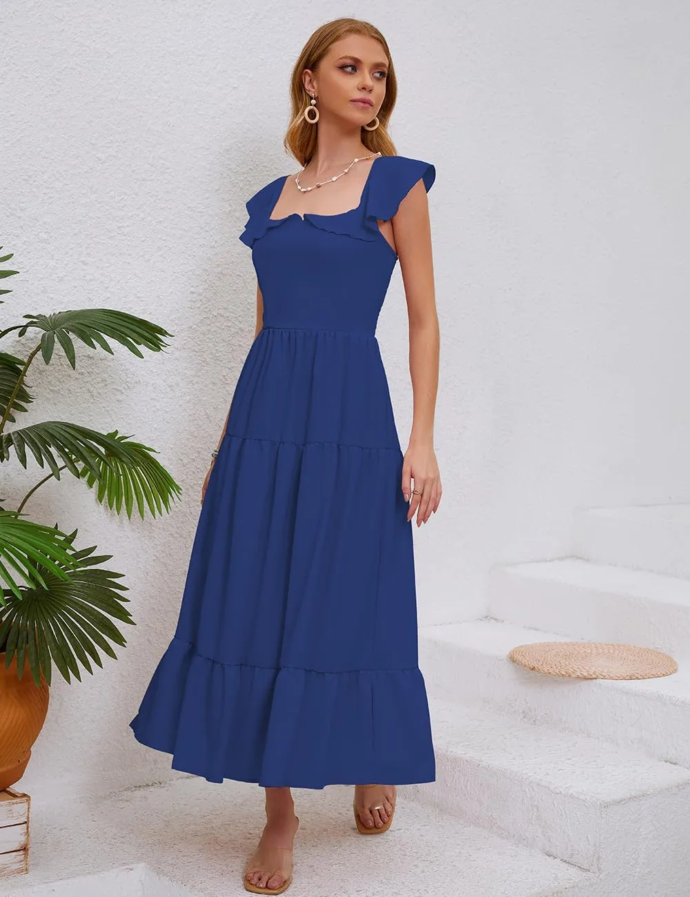 Women's Summer Sleeveless Ruffle Dresses 2024 Square Neck Smocked Backless Boho Flowy Beach A-Line Maxi Sundress