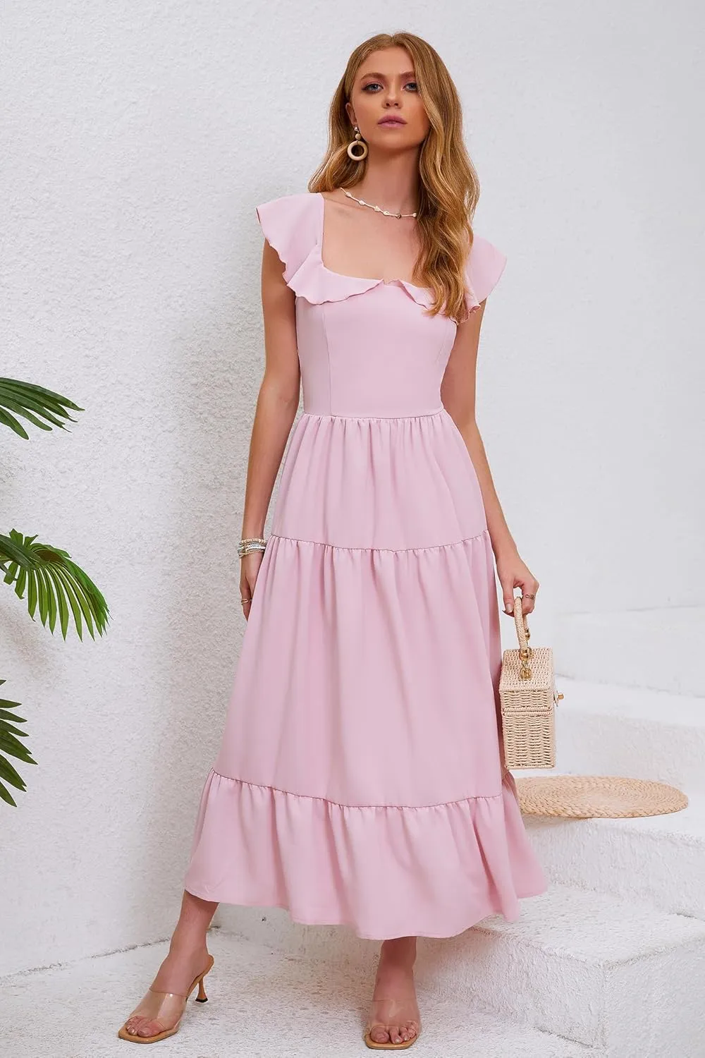 Women's Summer Sleeveless Ruffle Dresses 2024 Square Neck Smocked Backless Boho Flowy Beach A-Line Maxi Sundress