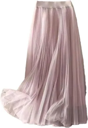 Women's Summer Solid Color Pleated Mesh Skirt Women Classic High Waisted Slim Skirt Lady Midi Skirt