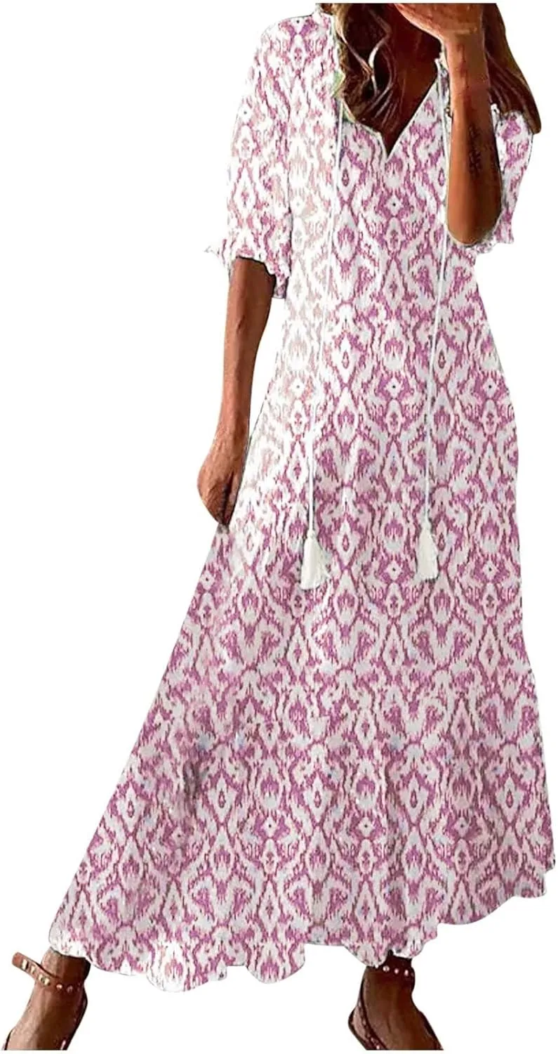 Women's Summer Spring Maxi Dresses V-Neck Short Sleeve Printed Tunic Dress Swing Flowy Long Beach Dress