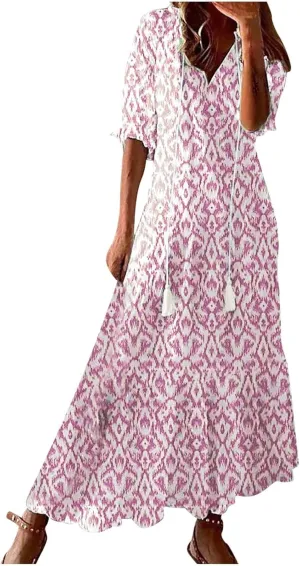 Women's Summer Spring Maxi Dresses V-Neck Short Sleeve Printed Tunic Dress Swing Flowy Long Beach Dress