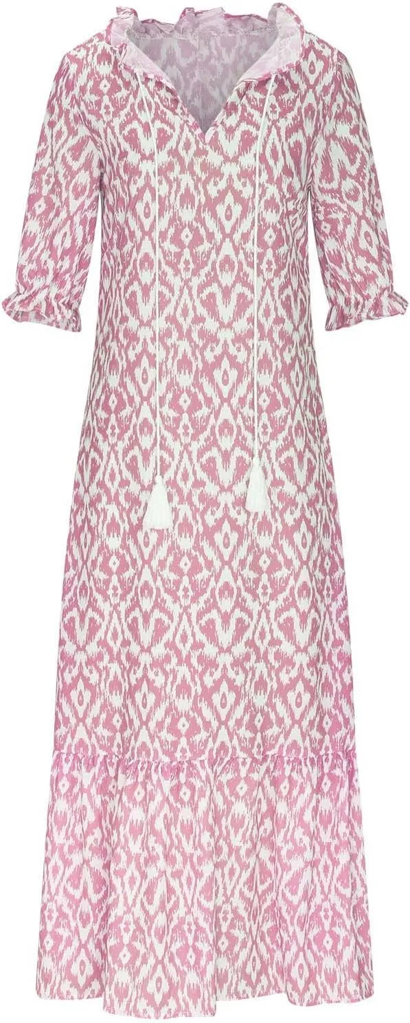 Women's Summer Spring Maxi Dresses V-Neck Short Sleeve Printed Tunic Dress Swing Flowy Long Beach Dress