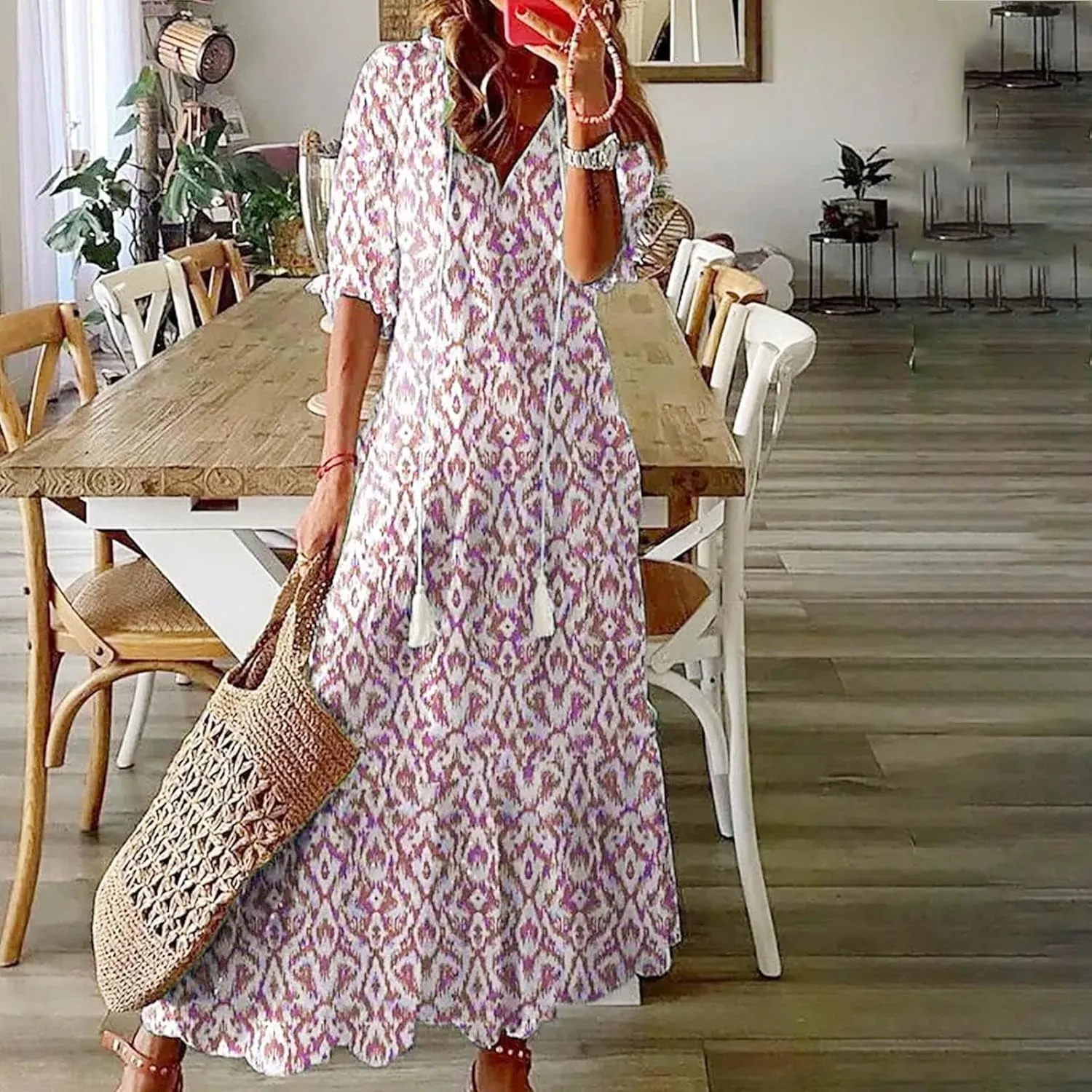 Women's Summer Spring Maxi Dresses V-Neck Short Sleeve Printed Tunic Dress Swing Flowy Long Beach Dress