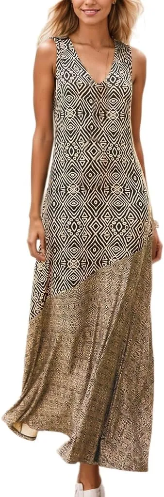 Women's Summer Vintage Tribal Maxi Sundress Flowy Casual Boho Sleeveless Beach Vacation Long Tank Dress