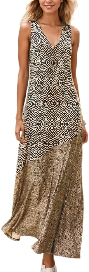 Women's Summer Vintage Tribal Maxi Sundress Flowy Casual Boho Sleeveless Beach Vacation Long Tank Dress