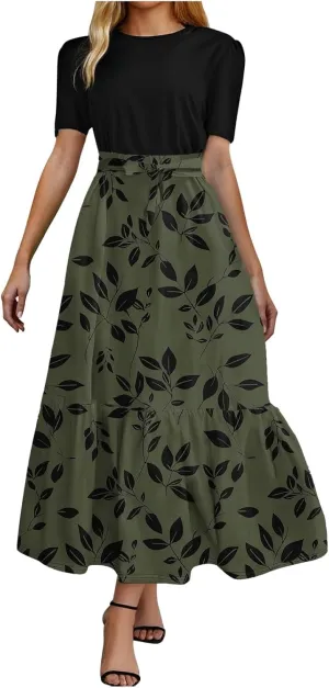 Women's Summer Wrap Maxi Dress Casual Boho Floral Short Sleeve Ruffle Hem Split Beach Long Dresses