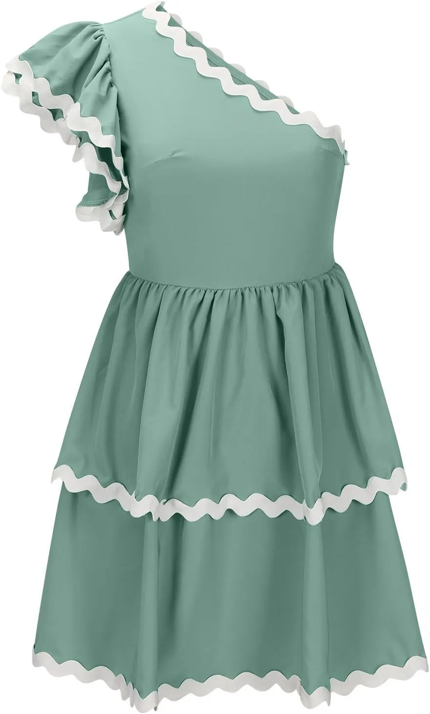 Womens Tiered Mini Dress Asymmetrical One Shoulder Fairy Dress Ruffle Cap Sleeve A-Line Dress High Waist Plain Dress