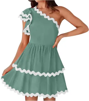 Womens Tiered Mini Dress Asymmetrical One Shoulder Fairy Dress Ruffle Cap Sleeve A-Line Dress High Waist Plain Dress