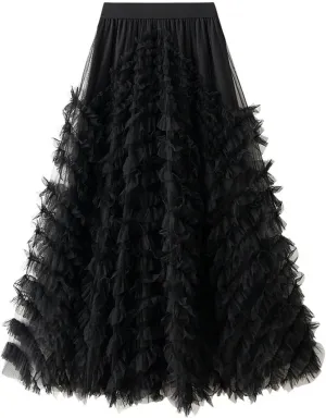 Women's Tulle Skirts Long Fairy Skirt Tiered Ruffles Tutu Puffy Skirt Elastic High Waist A-line Flowy Midi Long Skirt