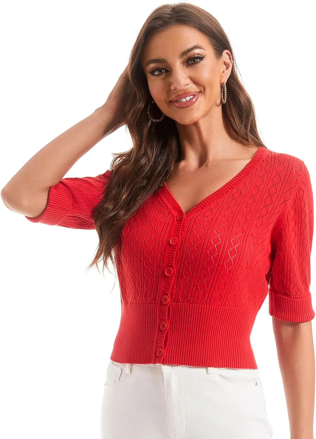 Women's V Neck Cropped Cardigan, Short Sleeve Casual Button Front Knit Sweater Top