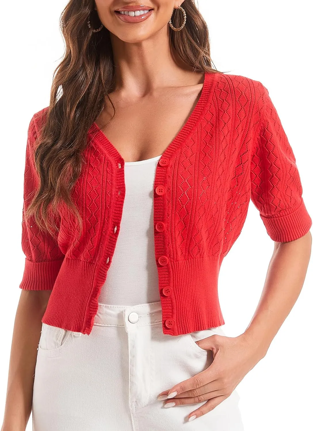 Women's V Neck Cropped Cardigan, Short Sleeve Casual Button Front Knit Sweater Top