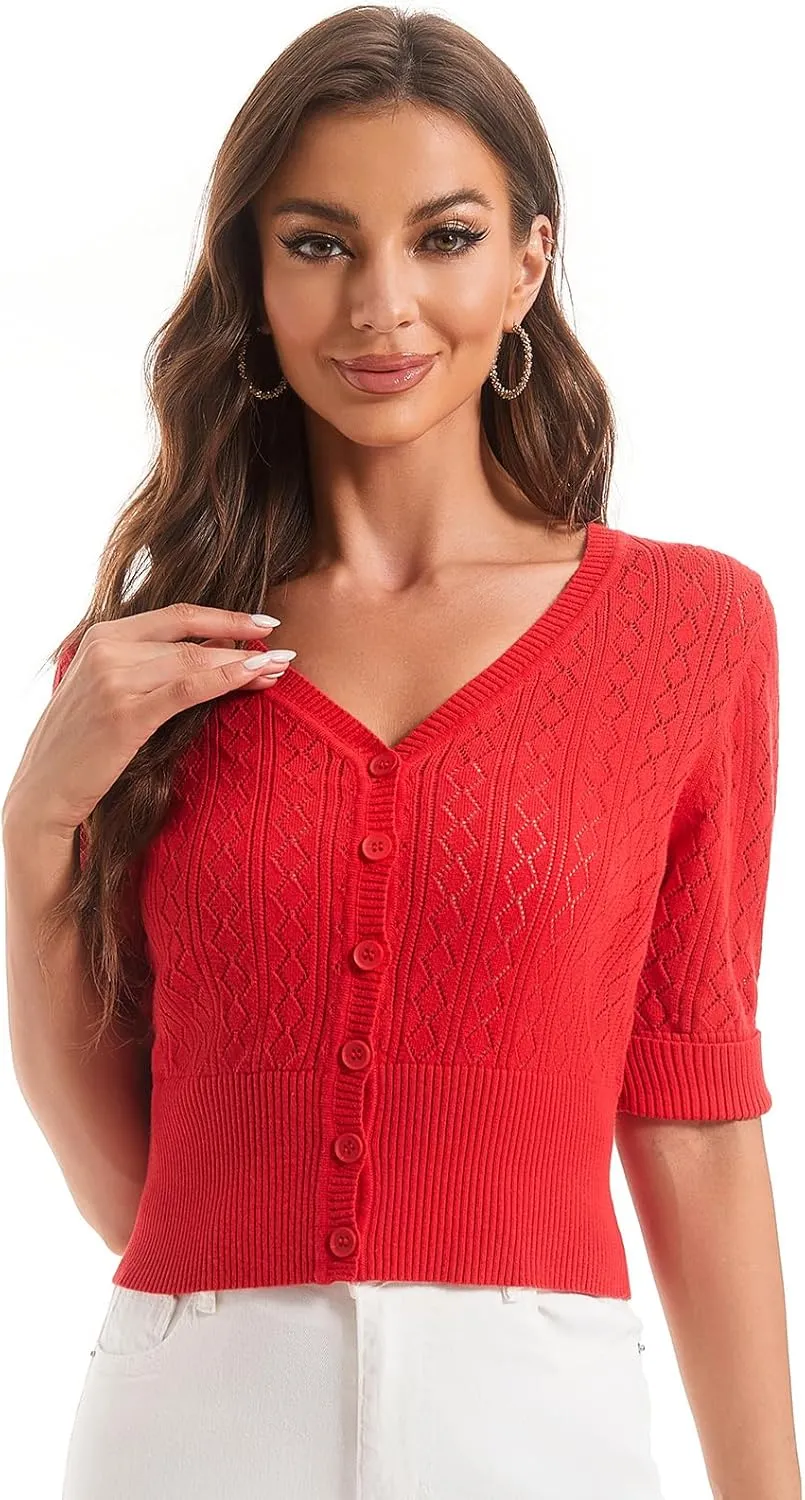 Women's V Neck Cropped Cardigan, Short Sleeve Casual Button Front Knit Sweater Top