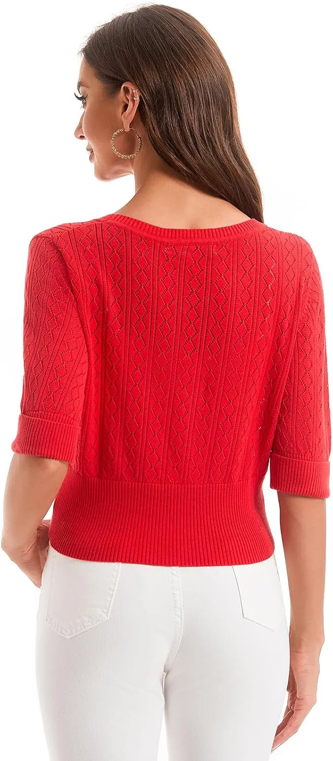 Women's V Neck Cropped Cardigan, Short Sleeve Casual Button Front Knit Sweater Top