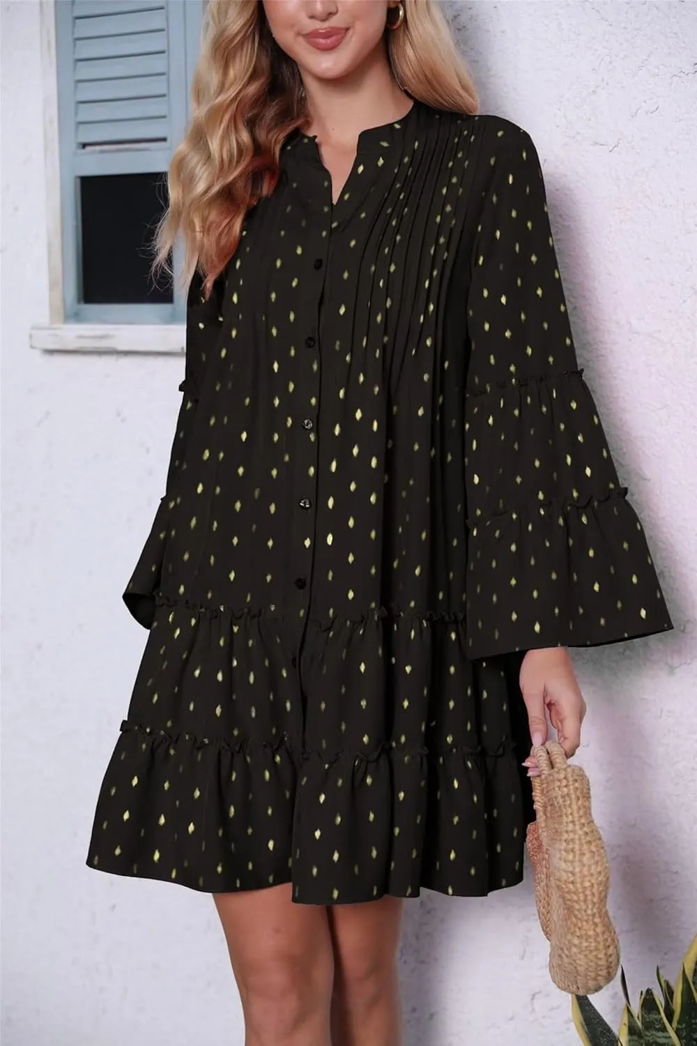 Women's V Neck Long Sleeve Wedding Guest Dress Smocked Waist Tiered Ruffle Hem Mini Dress Spring Floral Short Dress