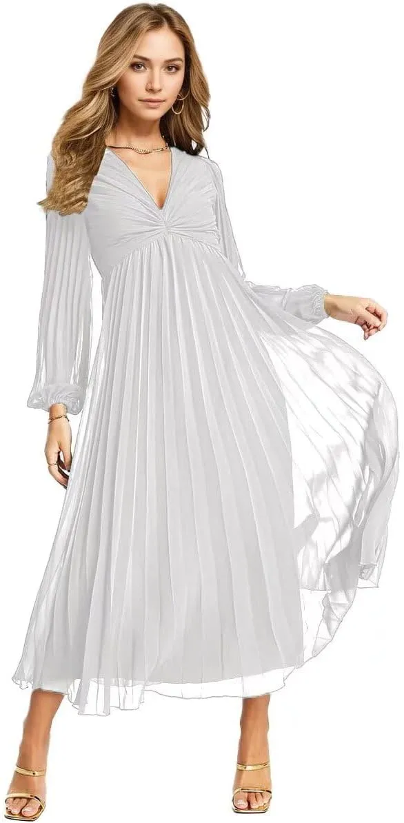 Women's V Neck Wedding Guest Dress Pleated Long Sleeves Formal Evening Party Gowns Modern Chiffon Reception Dresses