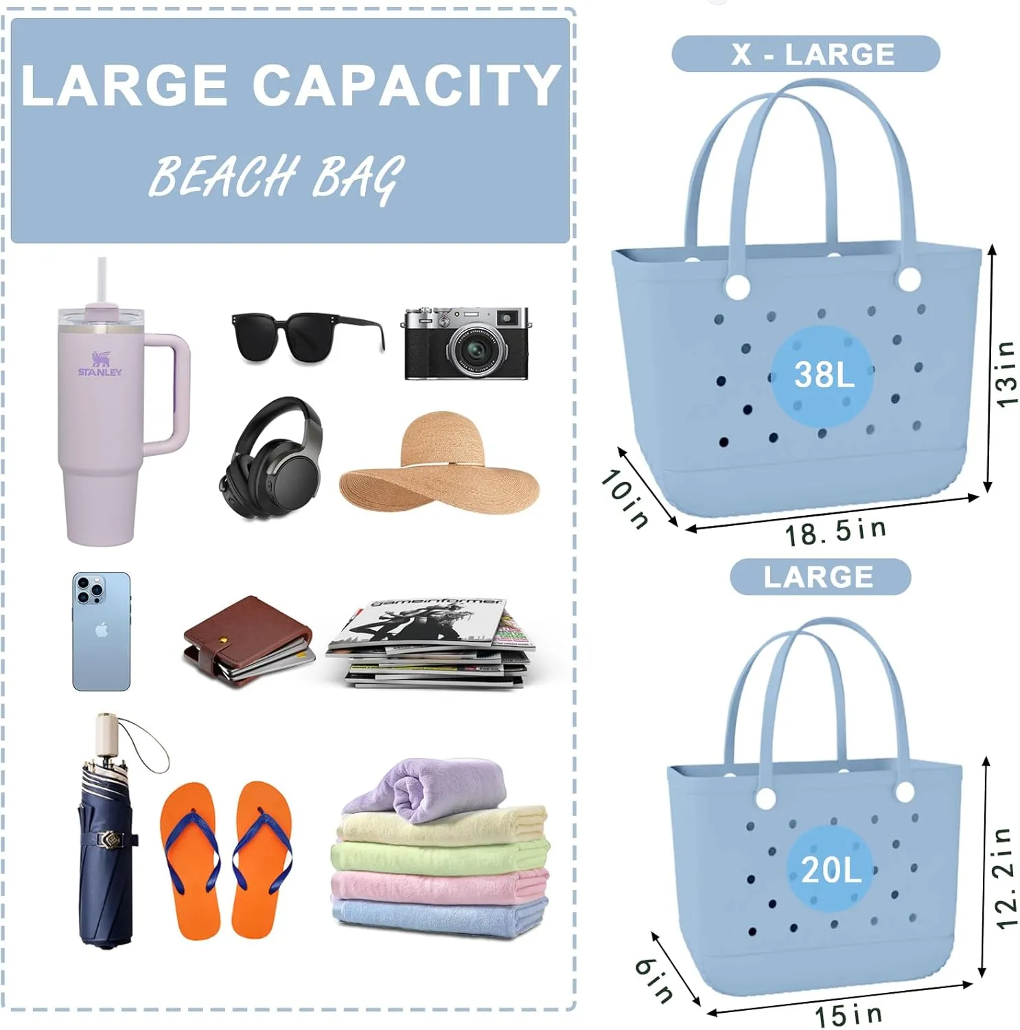 X-Large Rubber Beach Bag Tote Waterproof Tote Bag with Zipper Pocket Modern Travel Tote Bag Sports Beach