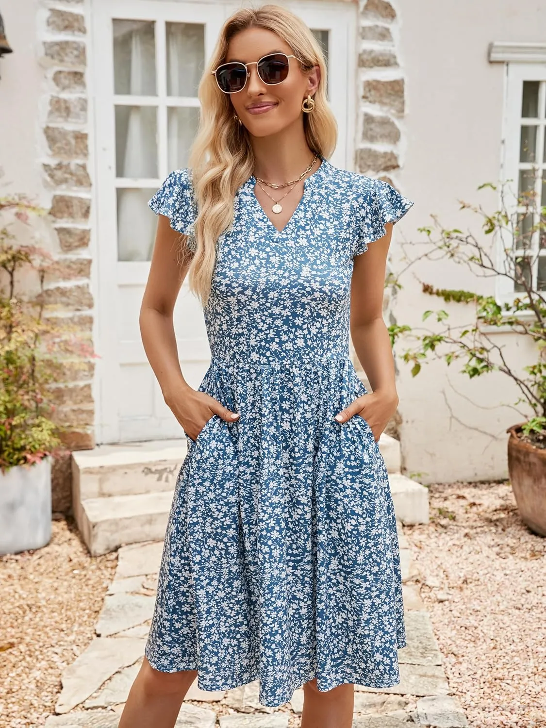 YATHON Casual Dresses for Women 2025 Cute Summer Floral Fit and Flare Cap Sleeve A Line Knee Length Dress with Pocket