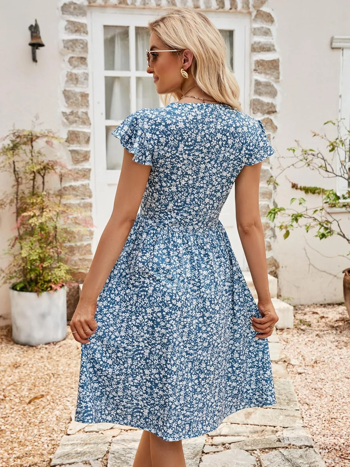 YATHON Casual Dresses for Women 2025 Cute Summer Floral Fit and Flare Cap Sleeve A Line Knee Length Dress with Pocket