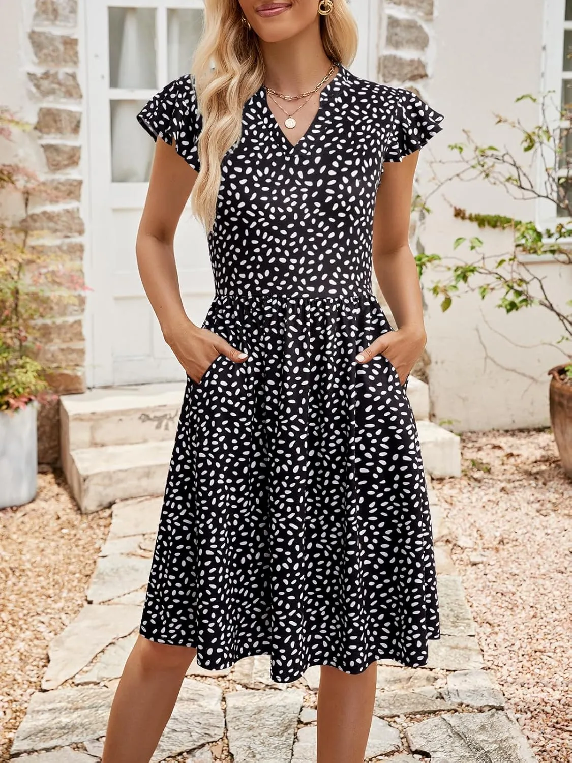 YATHON Casual Dresses for Women 2025 Cute Summer Floral Fit and Flare Cap Sleeve A Line Knee Length Dress with Pocket