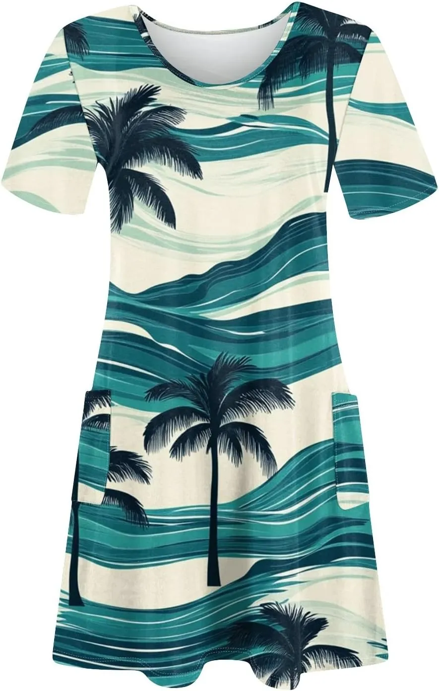 Yesunpxs Summer Dresses for Women 2025 Trendy Print Short Sleeve Sundress Beach Vacation Round Neck Dress Casual Dresses
