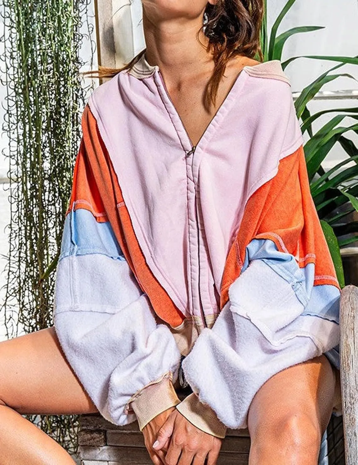 Yimoon Women's Oversized Bomber Jacket Color Block Splicing Y2K Zip Up Hoodie Casual Loose Fall Coat Outwear with Pockets