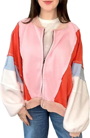 Yimoon Women's Oversized Bomber Jacket Color Block Splicing Y2K Zip Up Hoodie Casual Loose Fall Coat Outwear with Pockets