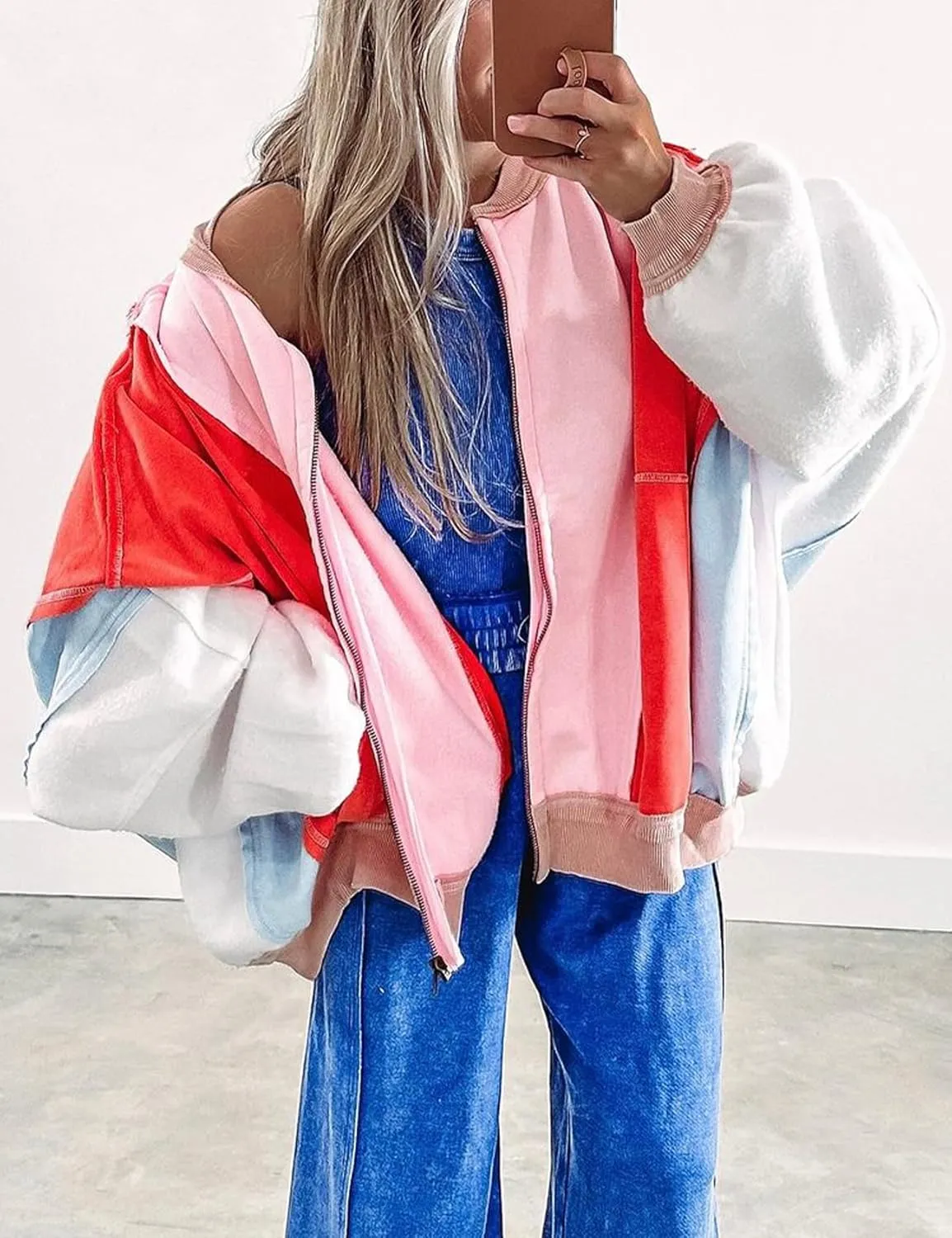 Yimoon Women's Oversized Bomber Jacket Color Block Splicing Y2K Zip Up Hoodie Casual Loose Fall Coat Outwear with Pockets