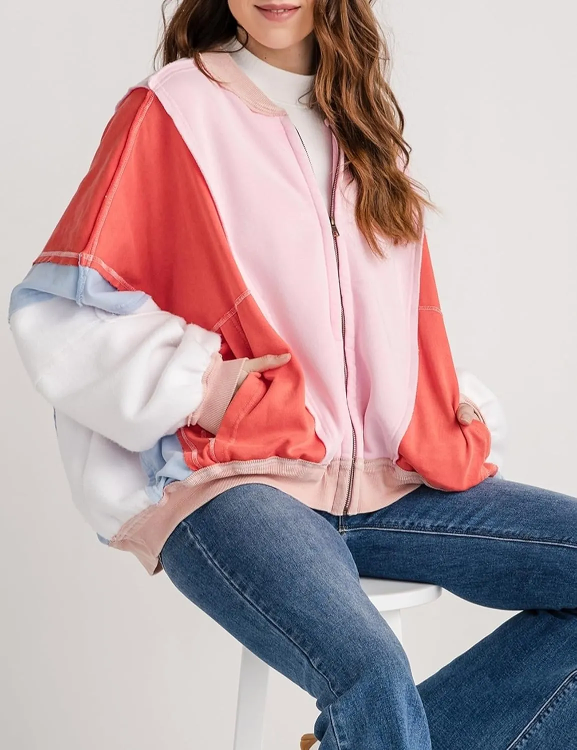 Yimoon Women's Oversized Bomber Jacket Color Block Splicing Y2K Zip Up Hoodie Casual Loose Fall Coat Outwear with Pockets