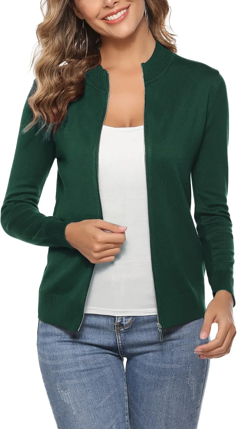 Youngull Zip Front Jacket for Women Casual Lightweight Cardigan Zip Up Sweater Tops Long Sleeve Knitted Sweatshirts