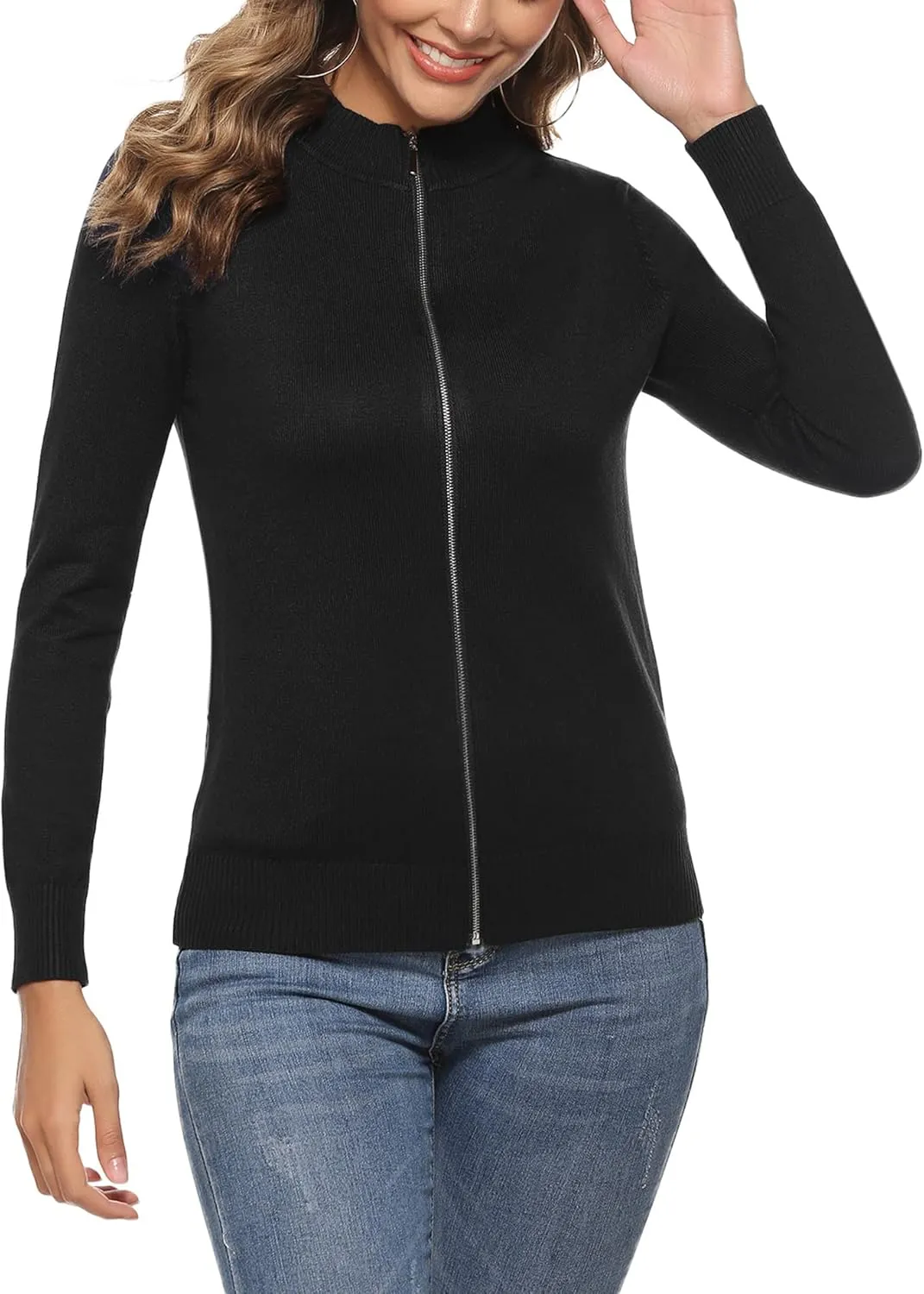 Youngull Zip Front Jacket for Women Casual Lightweight Cardigan Zip Up Sweater Tops Long Sleeve Knitted Sweatshirts