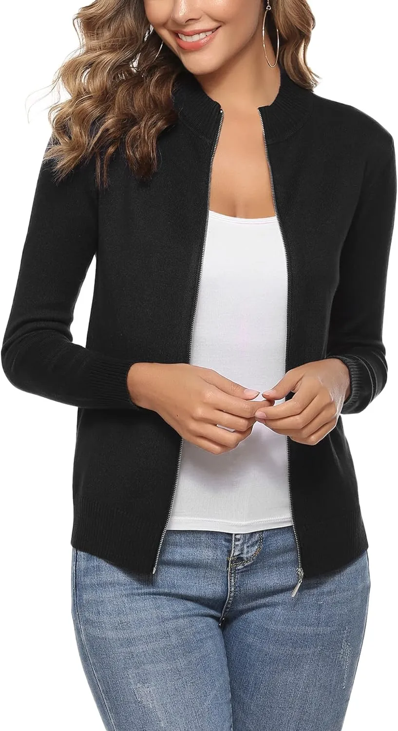 Youngull Zip Front Jacket for Women Casual Lightweight Cardigan Zip Up Sweater Tops Long Sleeve Knitted Sweatshirts