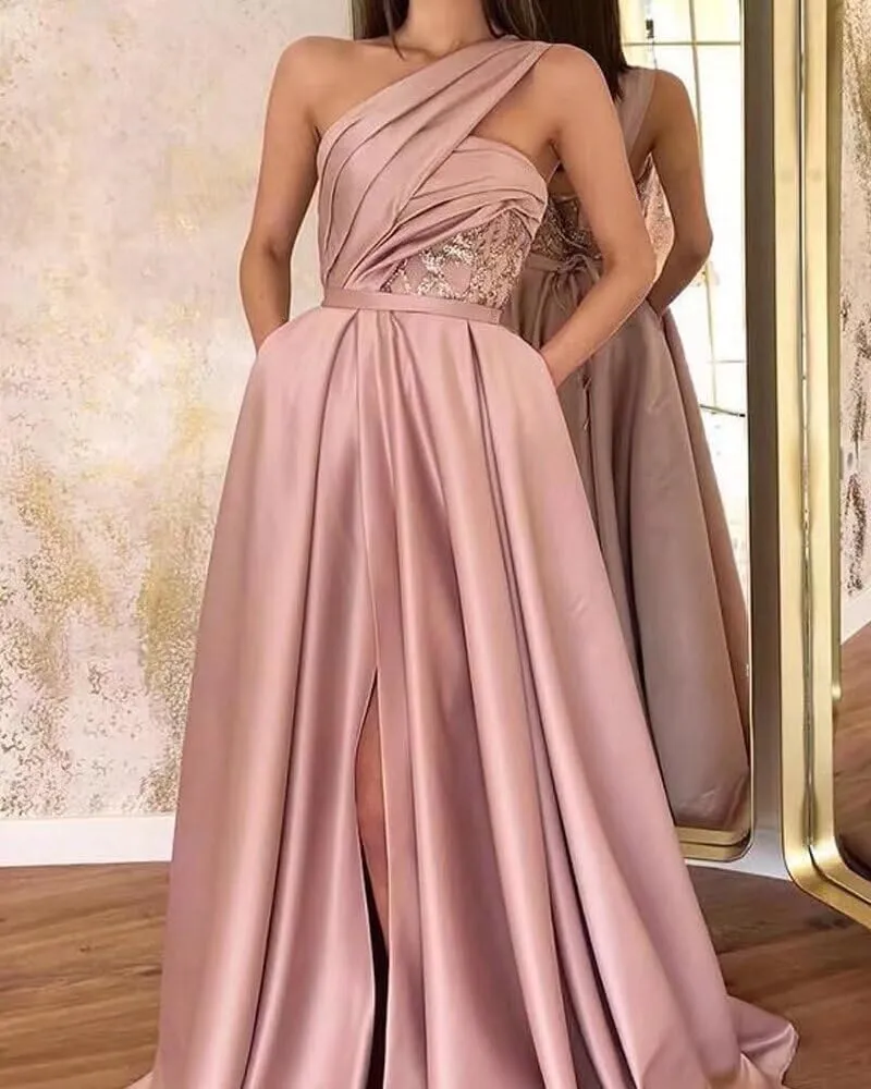 Yuxin One Shoulder Satin Prom Dresses Long Ball Gown 2023 with Pocket Long A-Line Slit Formal Evening Gowns for Women