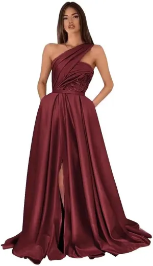 Yuxin One Shoulder Satin Prom Dresses Long Ball Gown 2023 with Pocket Long A-Line Slit Formal Evening Gowns for Women