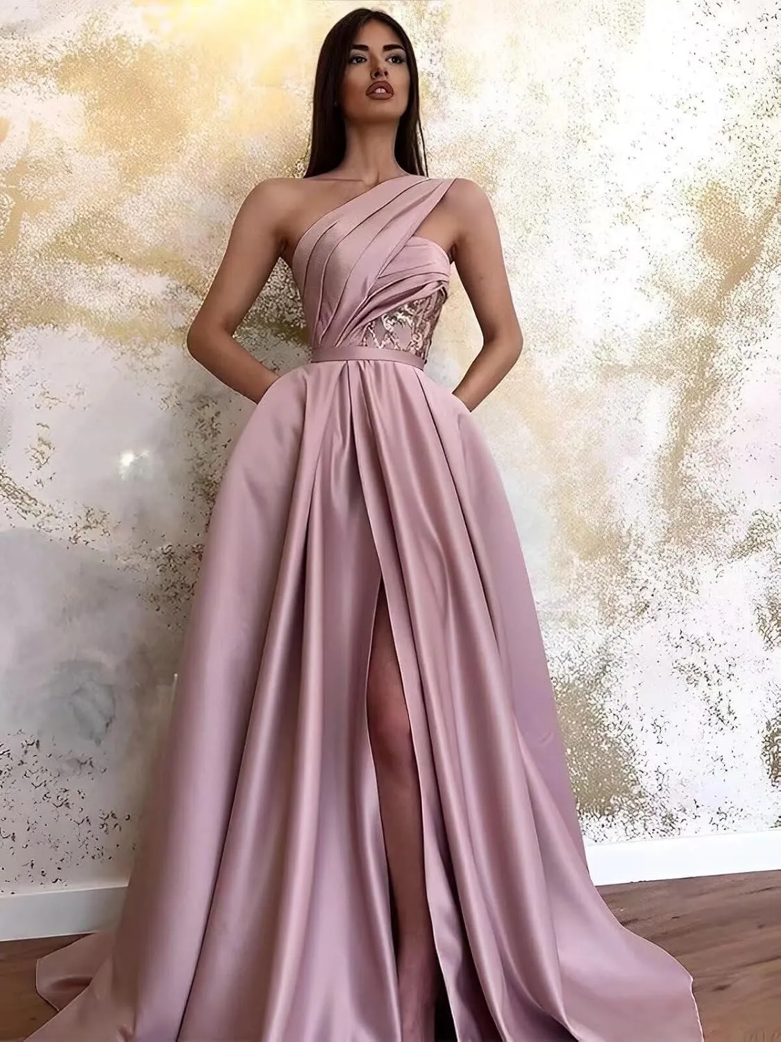 Yuxin One Shoulder Satin Prom Dresses Long Ball Gown 2023 with Pocket Long A-Line Slit Formal Evening Gowns for Women