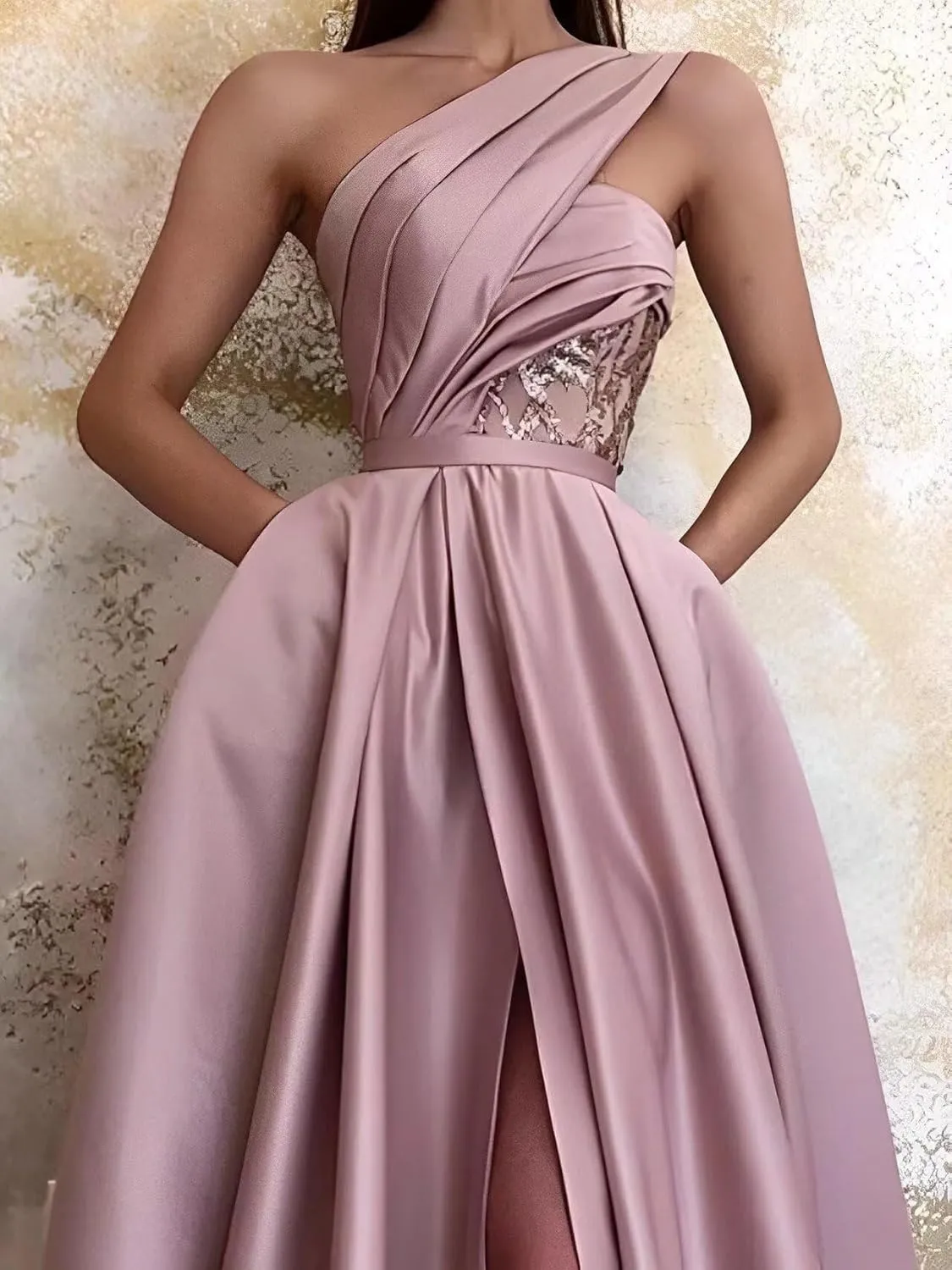 Yuxin One Shoulder Satin Prom Dresses Long Ball Gown 2023 with Pocket Long A-Line Slit Formal Evening Gowns for Women