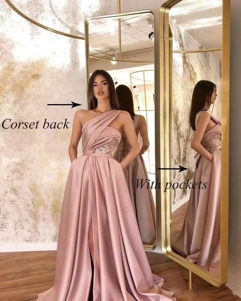 Yuxin One Shoulder Satin Prom Dresses Long Ball Gown 2023 with Pocket Long A-Line Slit Formal Evening Gowns for Women