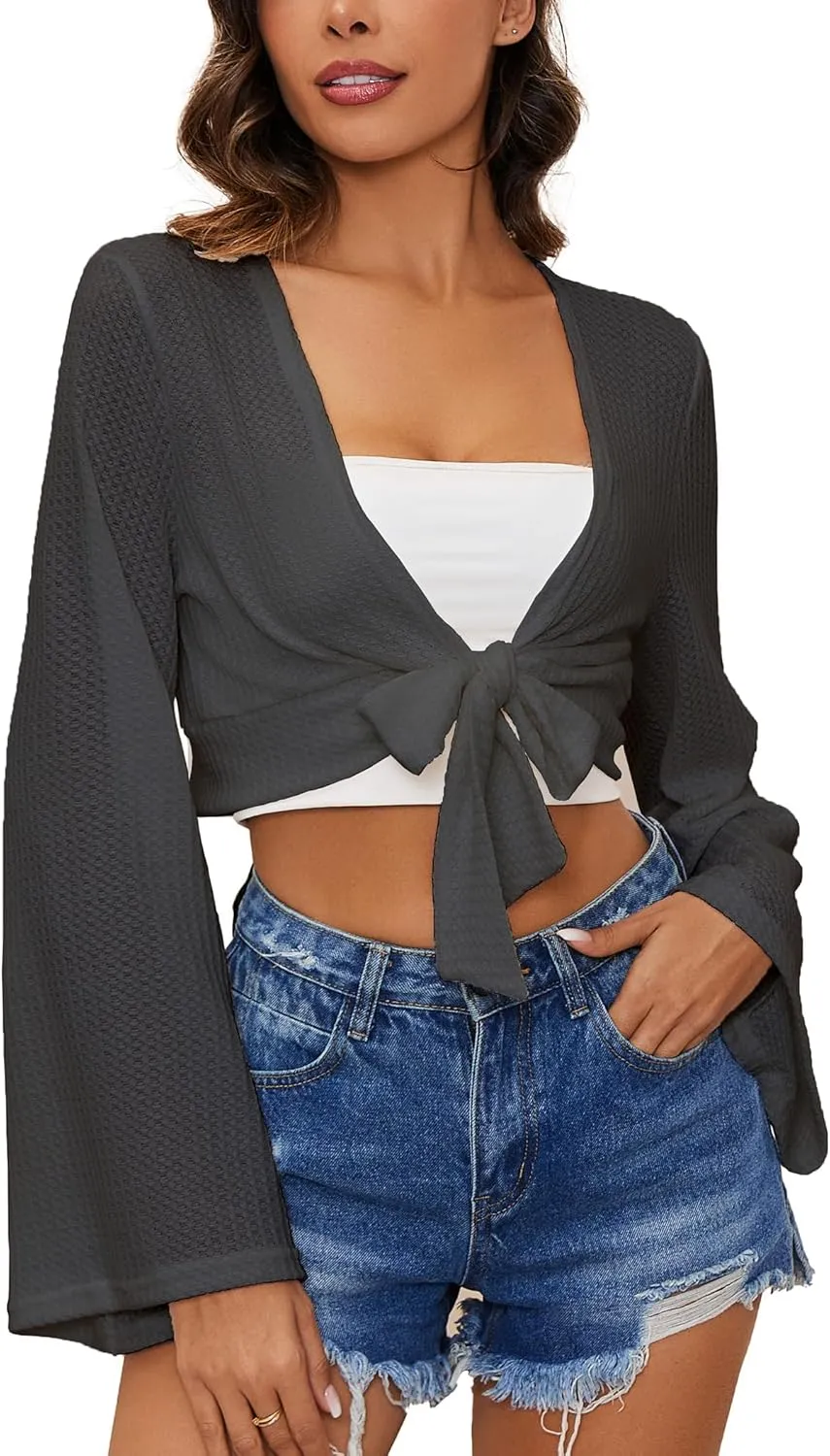 YYA Women's Lightweight Ribbed Cardigan Tie-Front Beach Cover Up with Long Sleeves for Summer Outfits S-XL