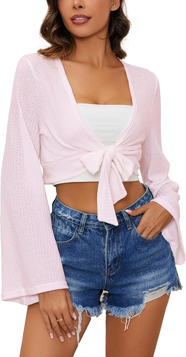 YYA Women's Lightweight Ribbed Cardigan Tie-Front Beach Cover Up with Long Sleeves for Summer Outfits S-XL