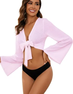 YYA Women's Lightweight Ribbed Cardigan Tie-Front Beach Cover Up with Long Sleeves for Summer Outfits S-XL