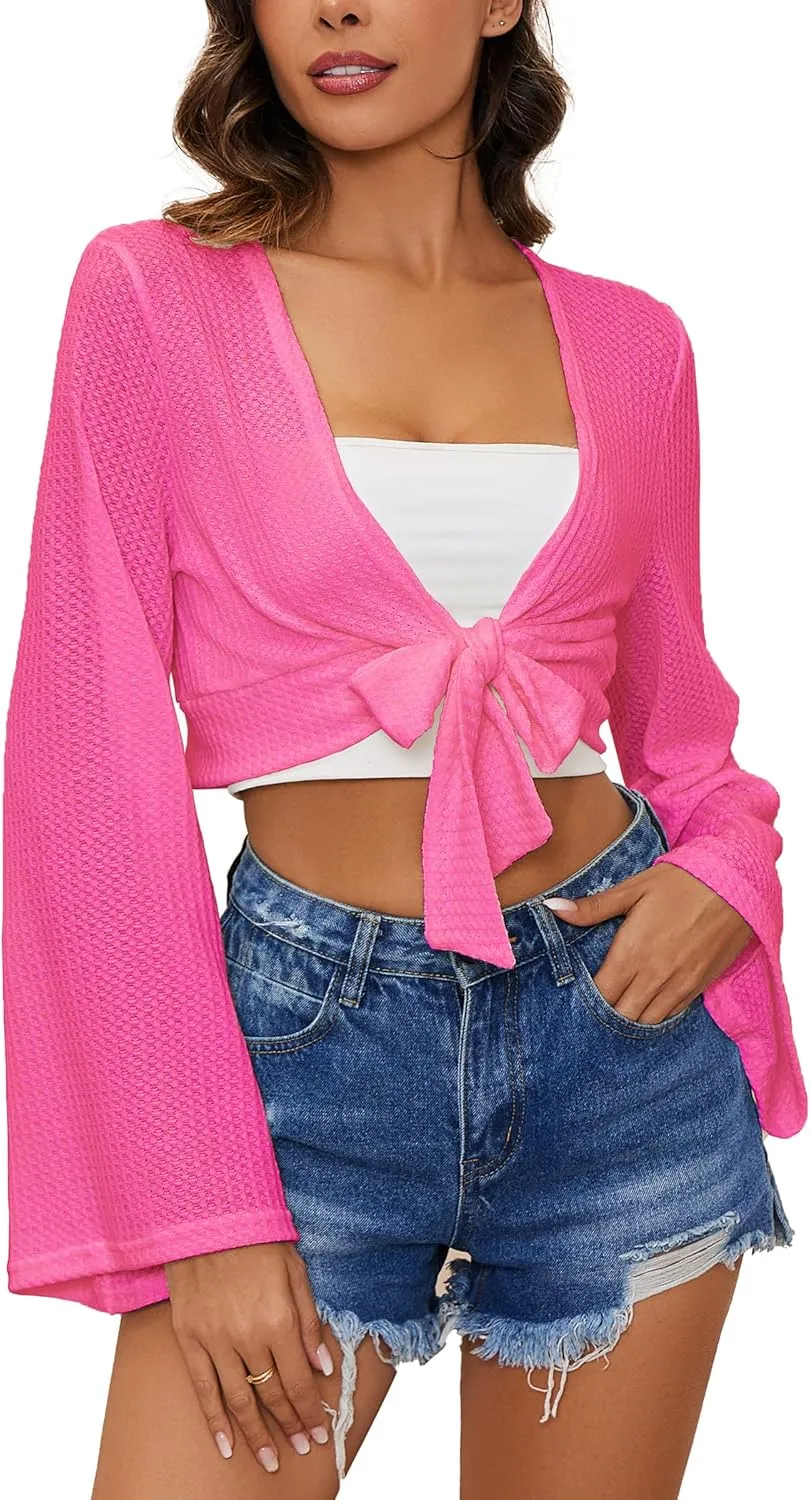 YYA Women's Lightweight Ribbed Cardigan Tie-Front Beach Cover Up with Long Sleeves for Summer Outfits S-XL