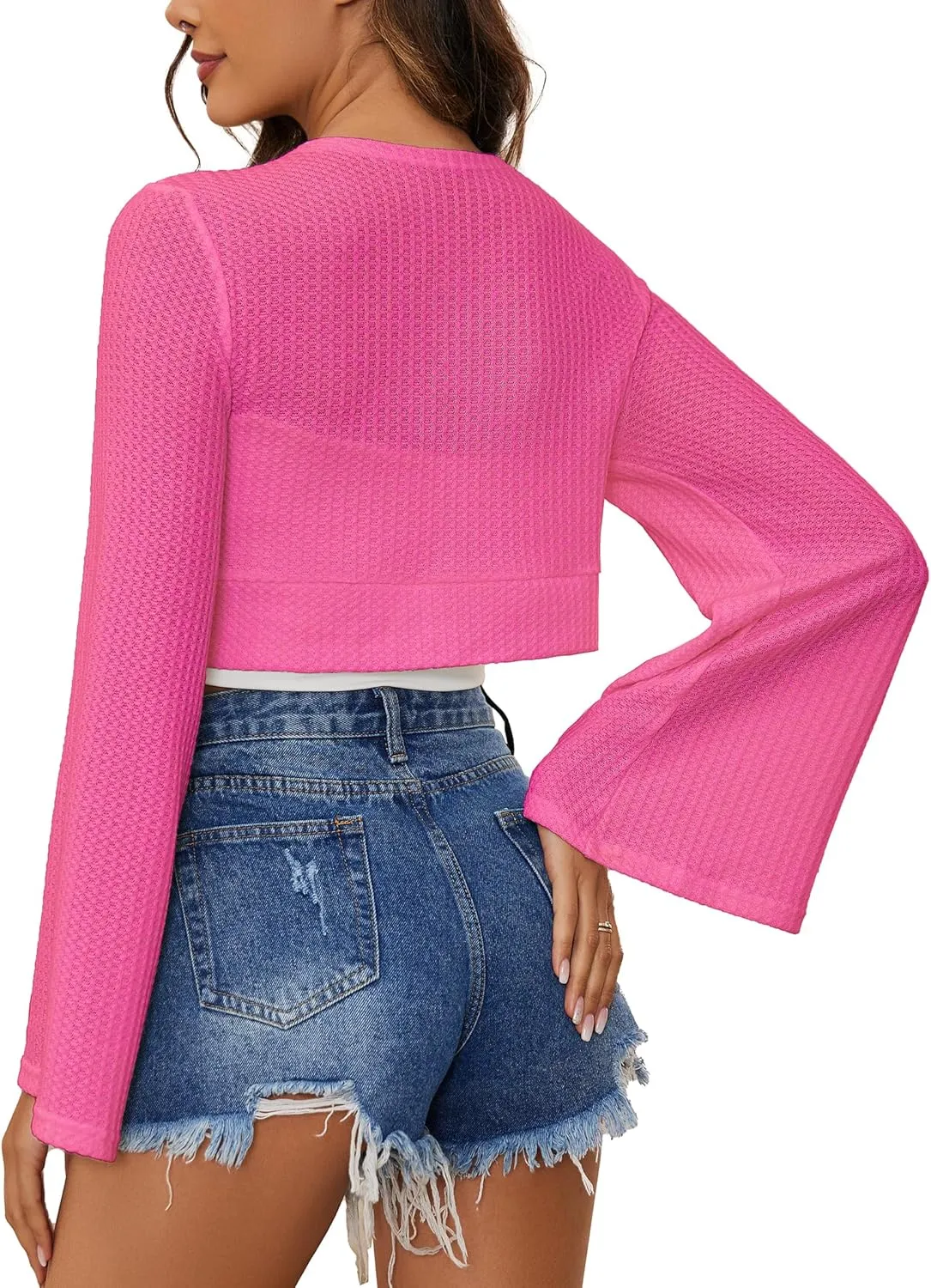 YYA Women's Lightweight Ribbed Cardigan Tie-Front Beach Cover Up with Long Sleeves for Summer Outfits S-XL