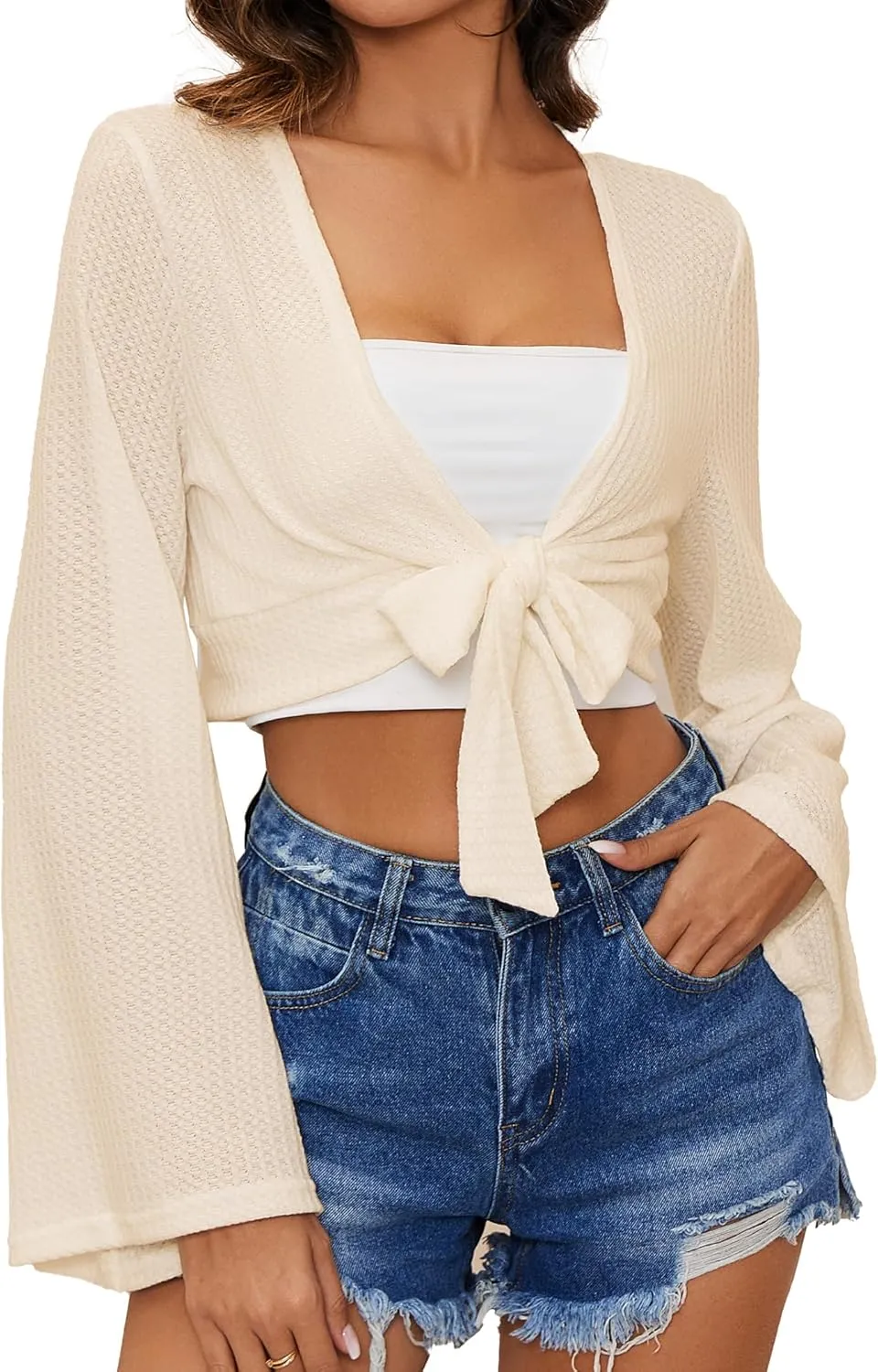 YYA Women's Lightweight Ribbed Cardigan Tie-Front Beach Cover Up with Long Sleeves for Summer Outfits S-XL