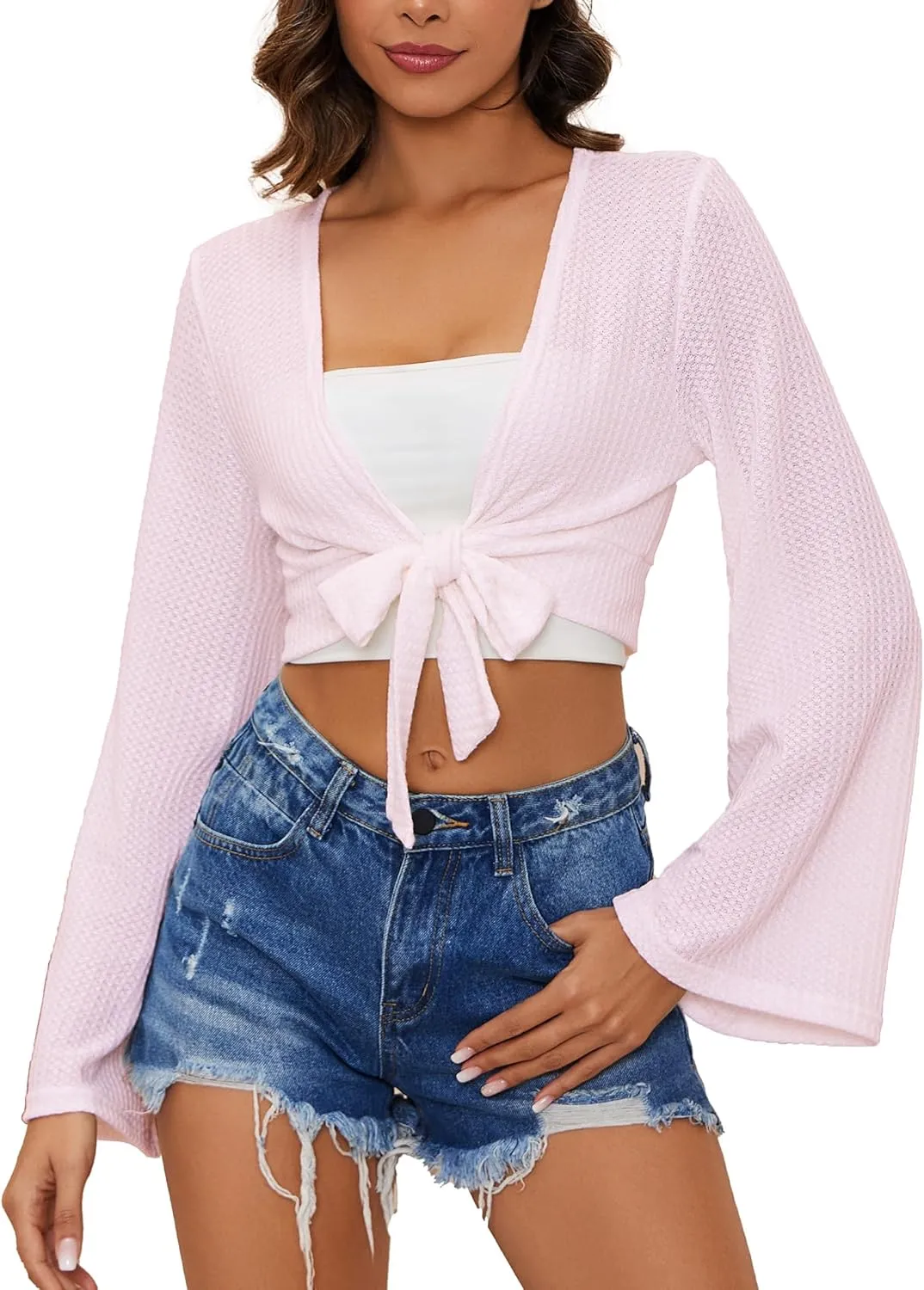 YYA Women's Lightweight Ribbed Cardigan Tie-Front Beach Cover Up with Long Sleeves for Summer Outfits S-XL